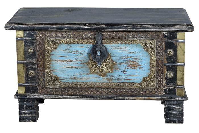 GINER Y COLOMER - Coffre de rangement en bois de manguier vieilli noir avec détails bleus et ouverture supérieure - 45 x 80 x 40 cm